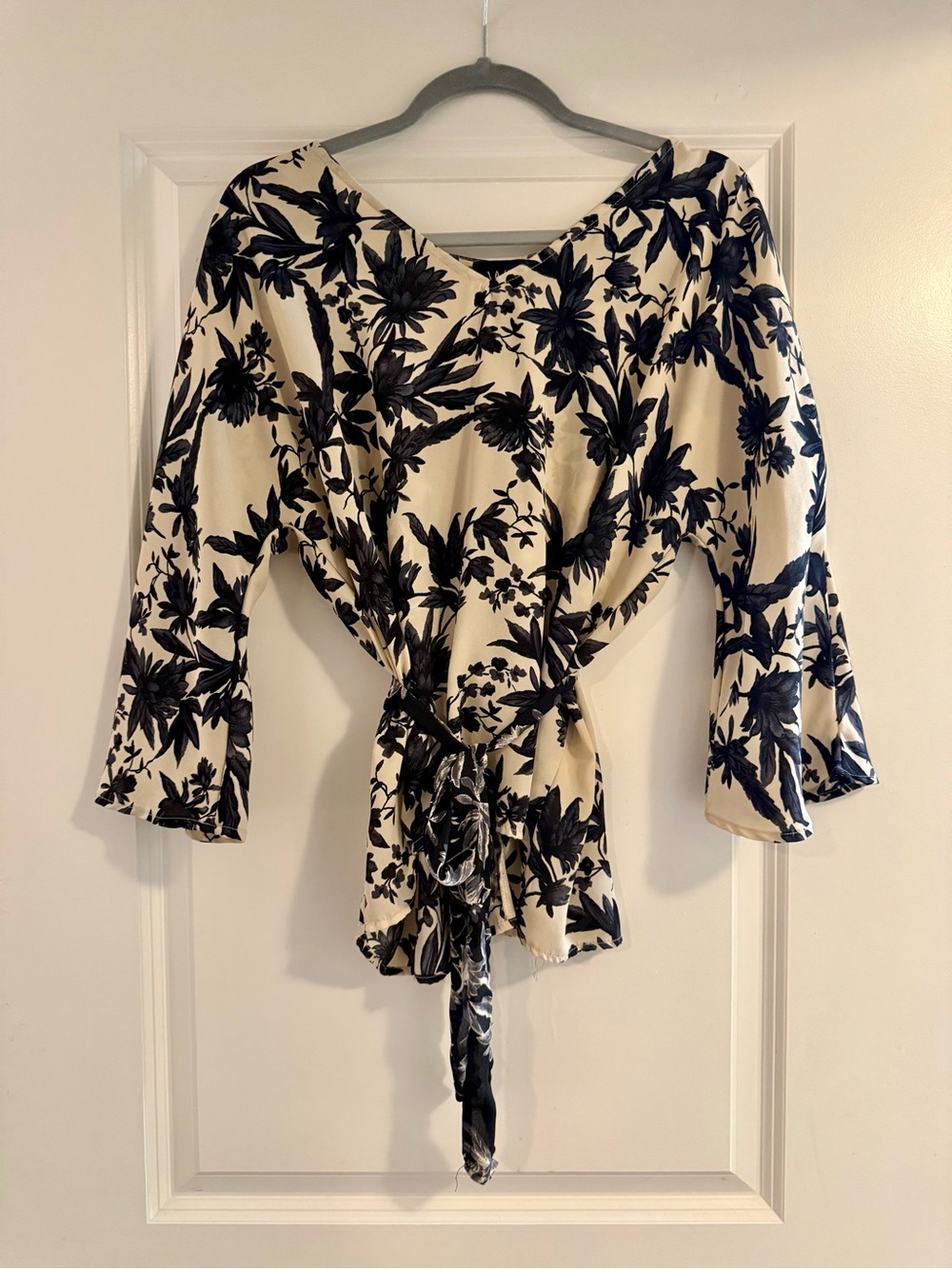 W5 Cream Blouse with Black Floral Print and Front Tie
